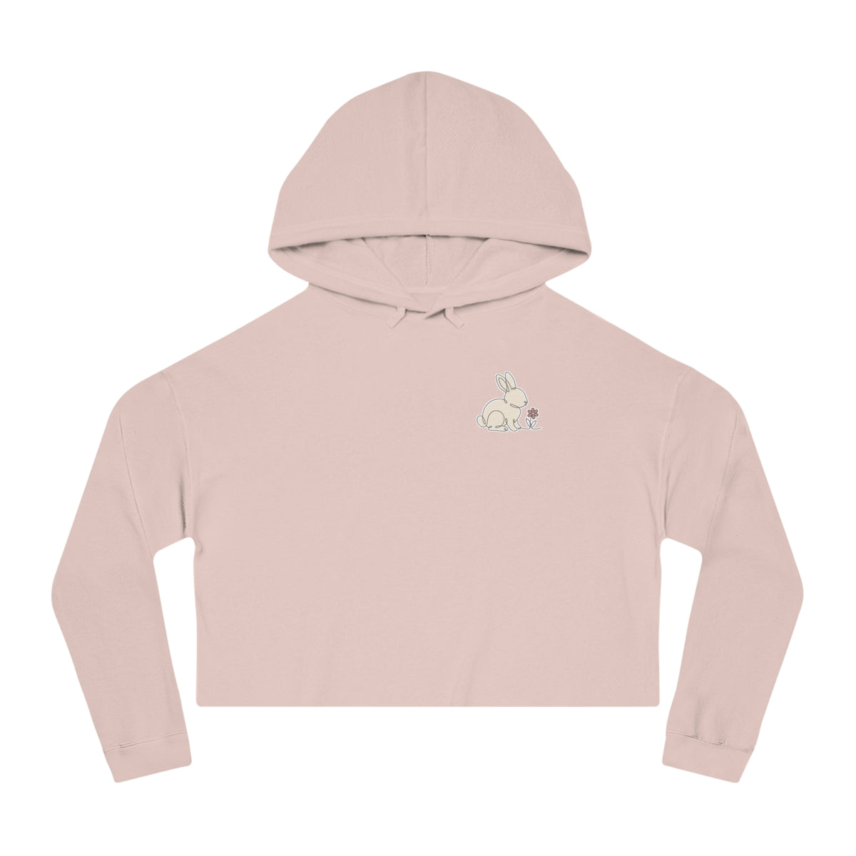 Cropped Hoodie — Minimal Bunny and Flower Line Art Chest Graphic, Cozy Women's Crop Top