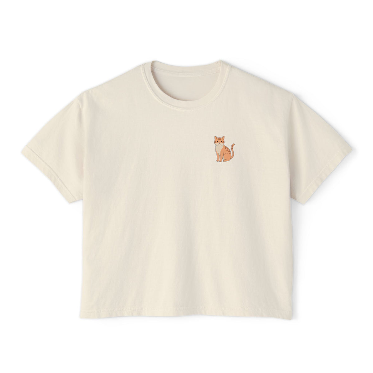 Boxy Tee — Minimal Tabby Cat Line Art Chest Graphic, Casual Women's Crop Top
