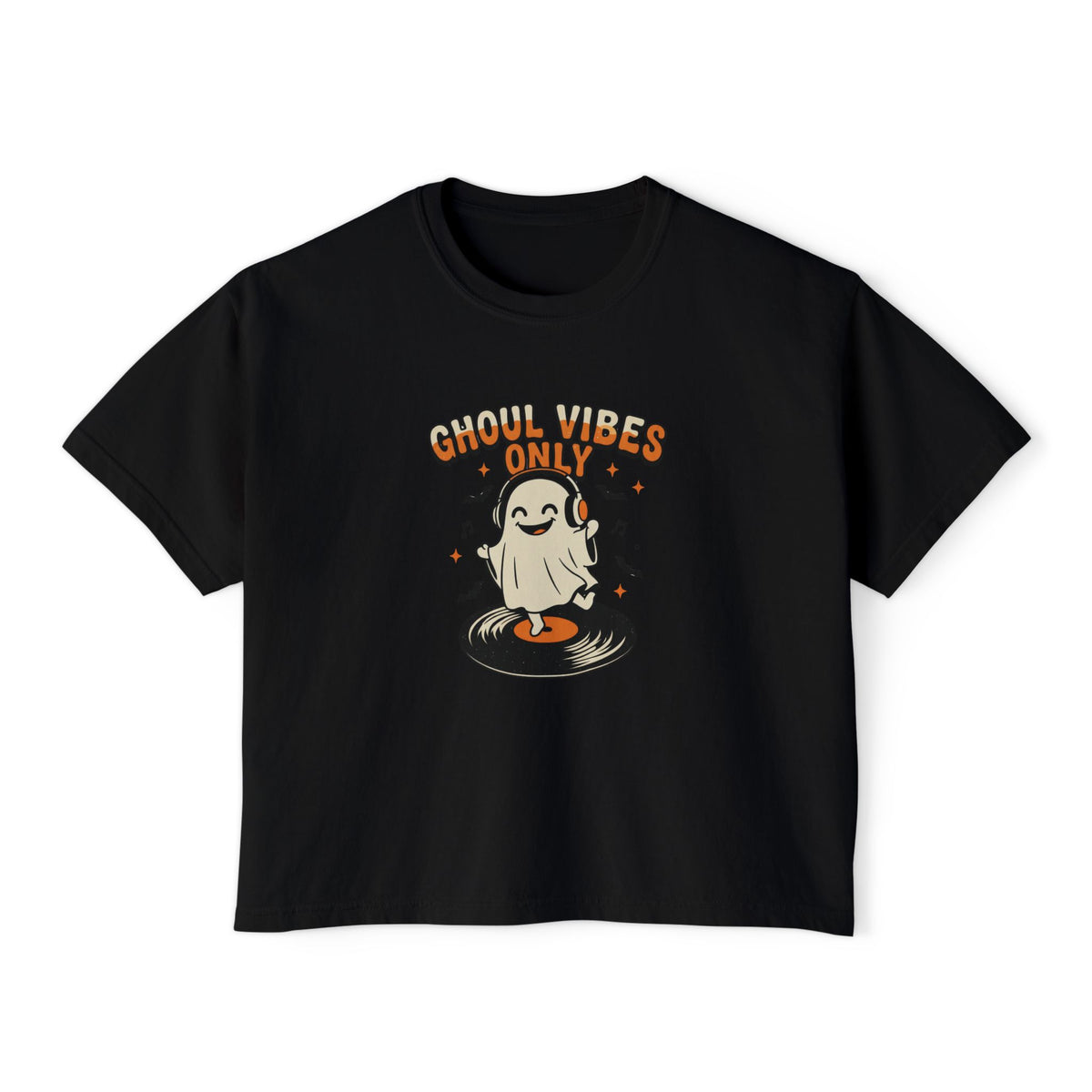 Black Ghoul Vibes Only Ghost boxy crop tee, flat lay (Color: Black)