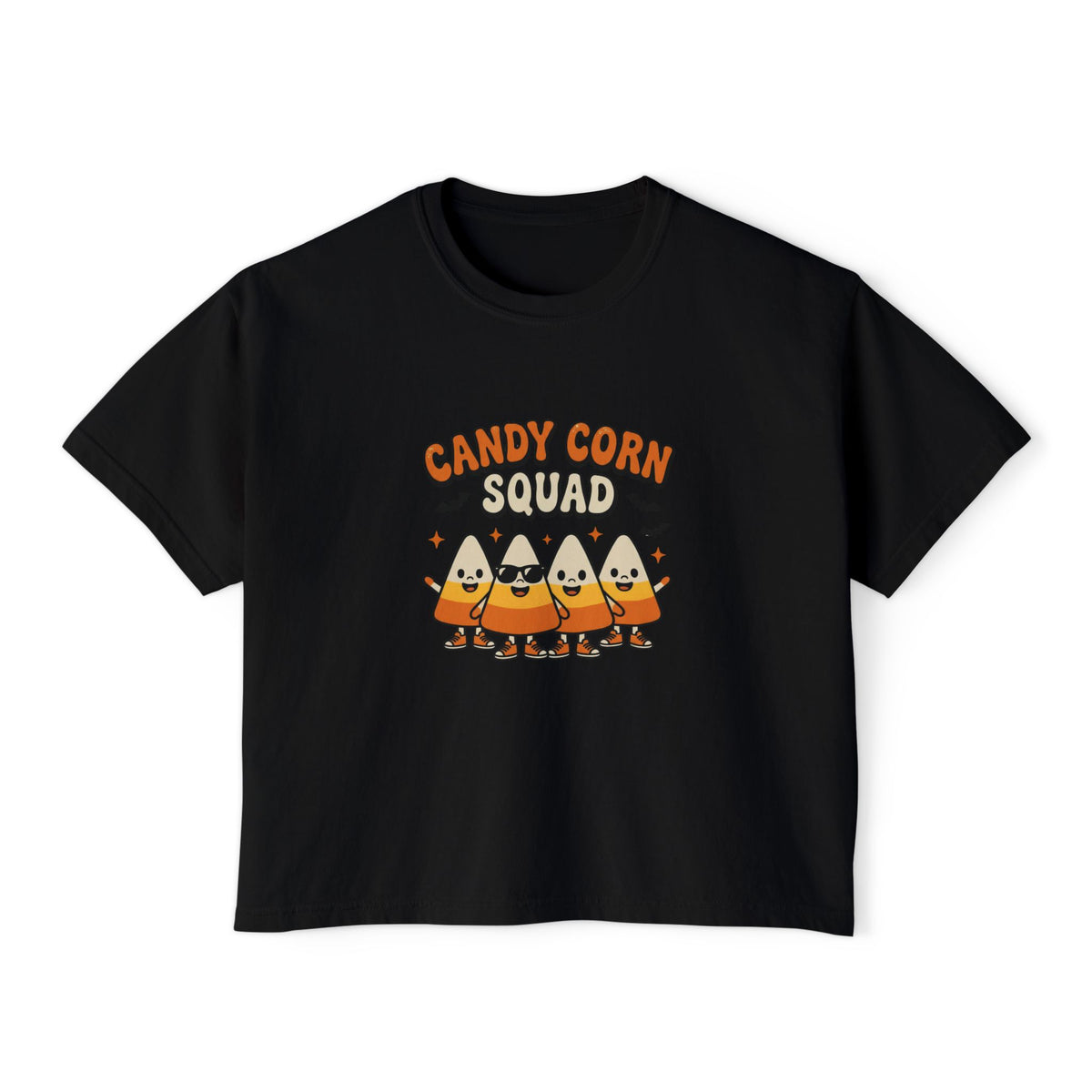 Black Candy Corn Squad boxy crop tee, flat lay (Color: Black)