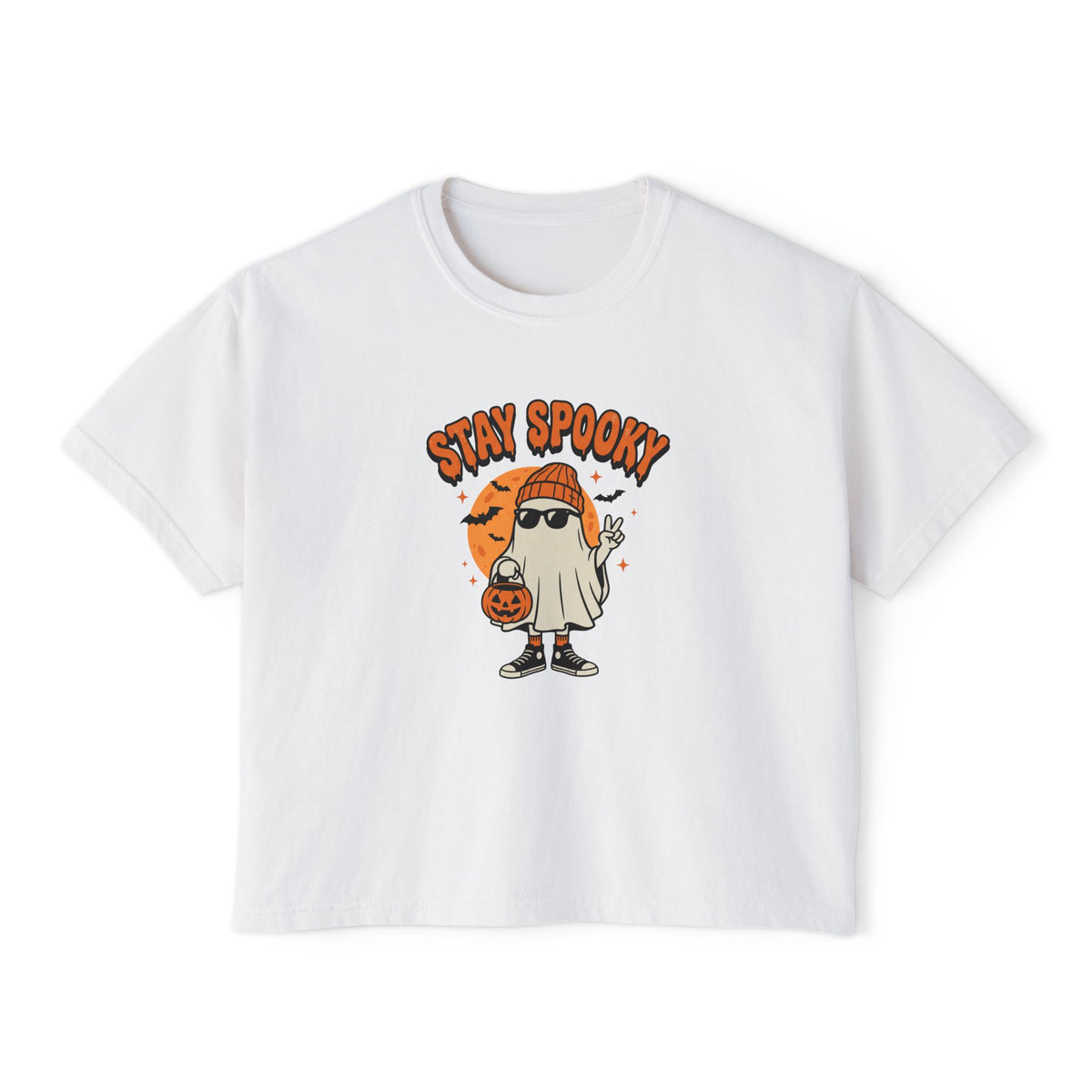 Stay Spooky ghost Halloween graphic crop tee for women (Color: White)