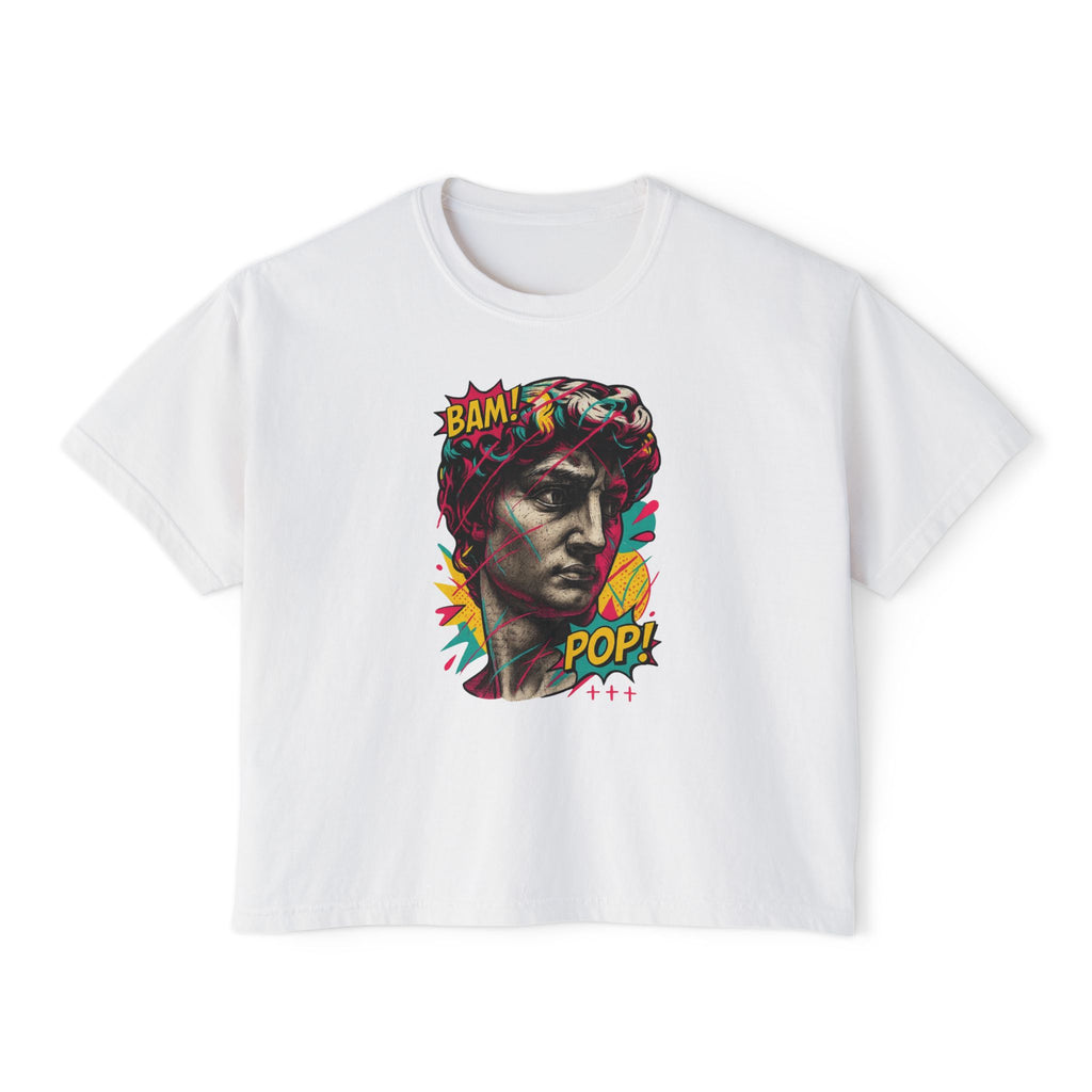 Pop Art David Crop Tee — "BAM! POP!" Graphic Women's Boxy T-Shirt