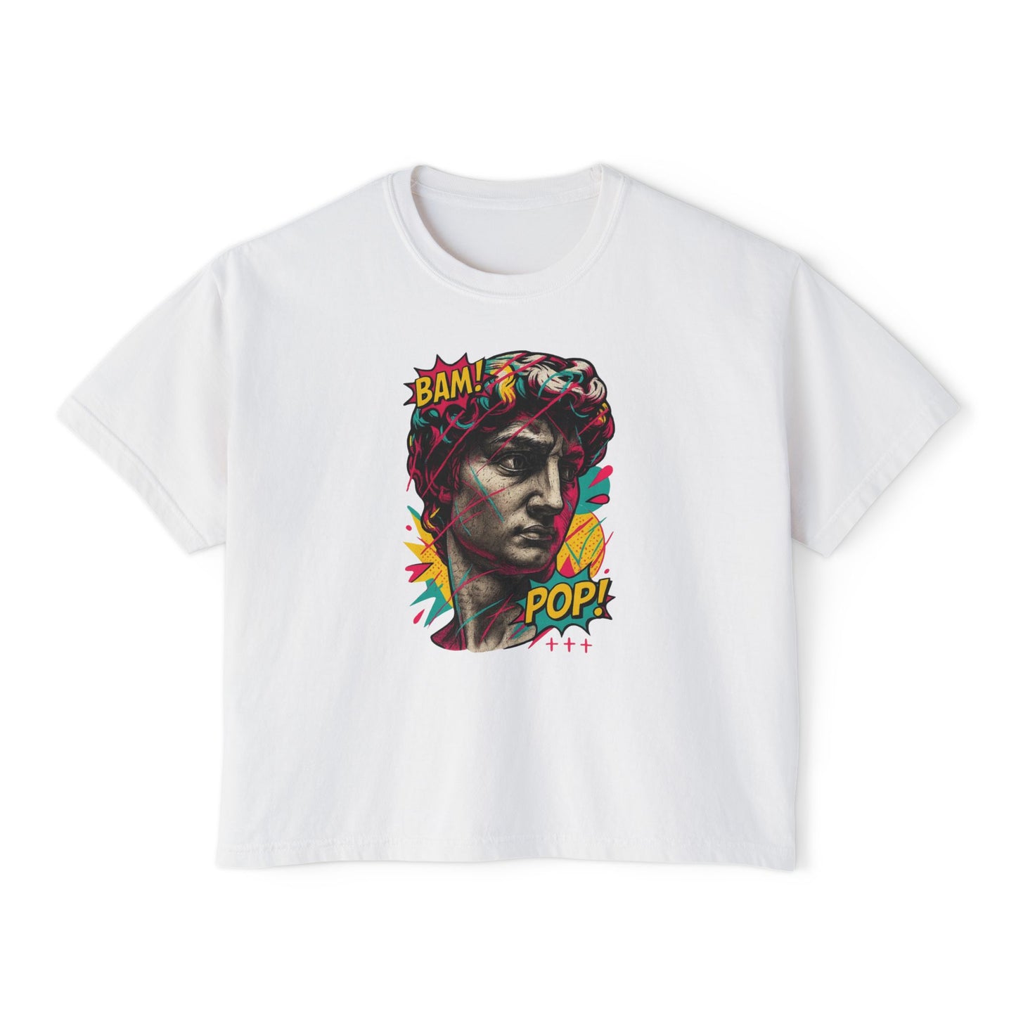 Pop Art David Crop Tee — "BAM! POP!" Graphic Women's Boxy T-Shirt