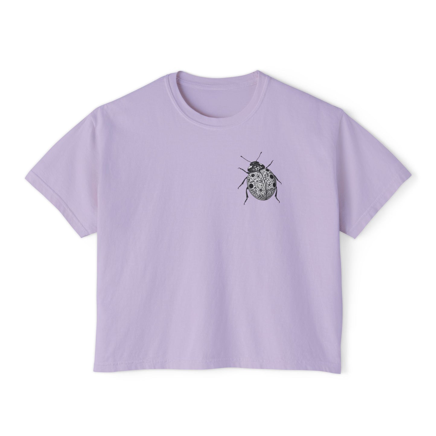Ladybug Pocket Tee — Women's Boxy Crop T-Shirt with Minimal Bug Illustration