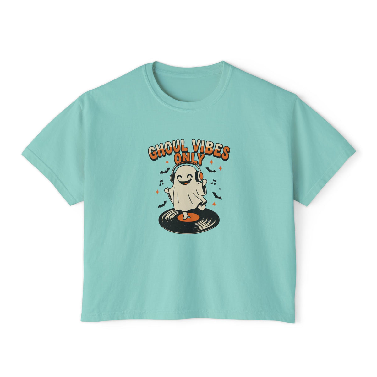 Chalky Mint Ghoul Vibes Only Ghost boxy crop tee, flat lay (Color: Chalky Mint)
