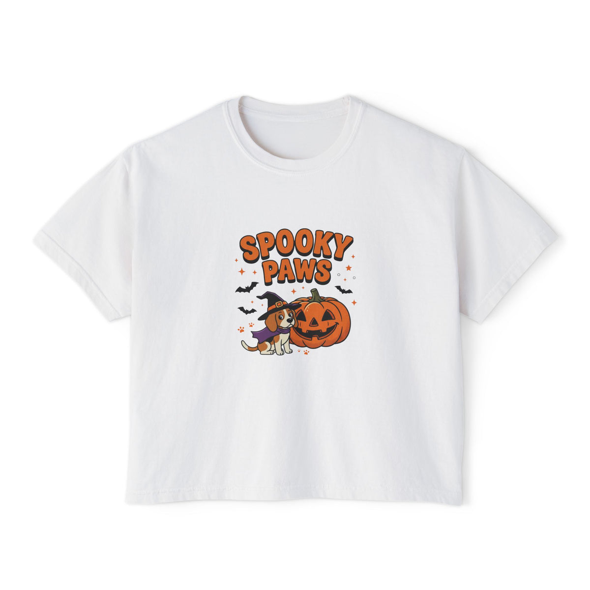 White Spooky Paws Dog boxy crop tee, flat lay (Color: White)