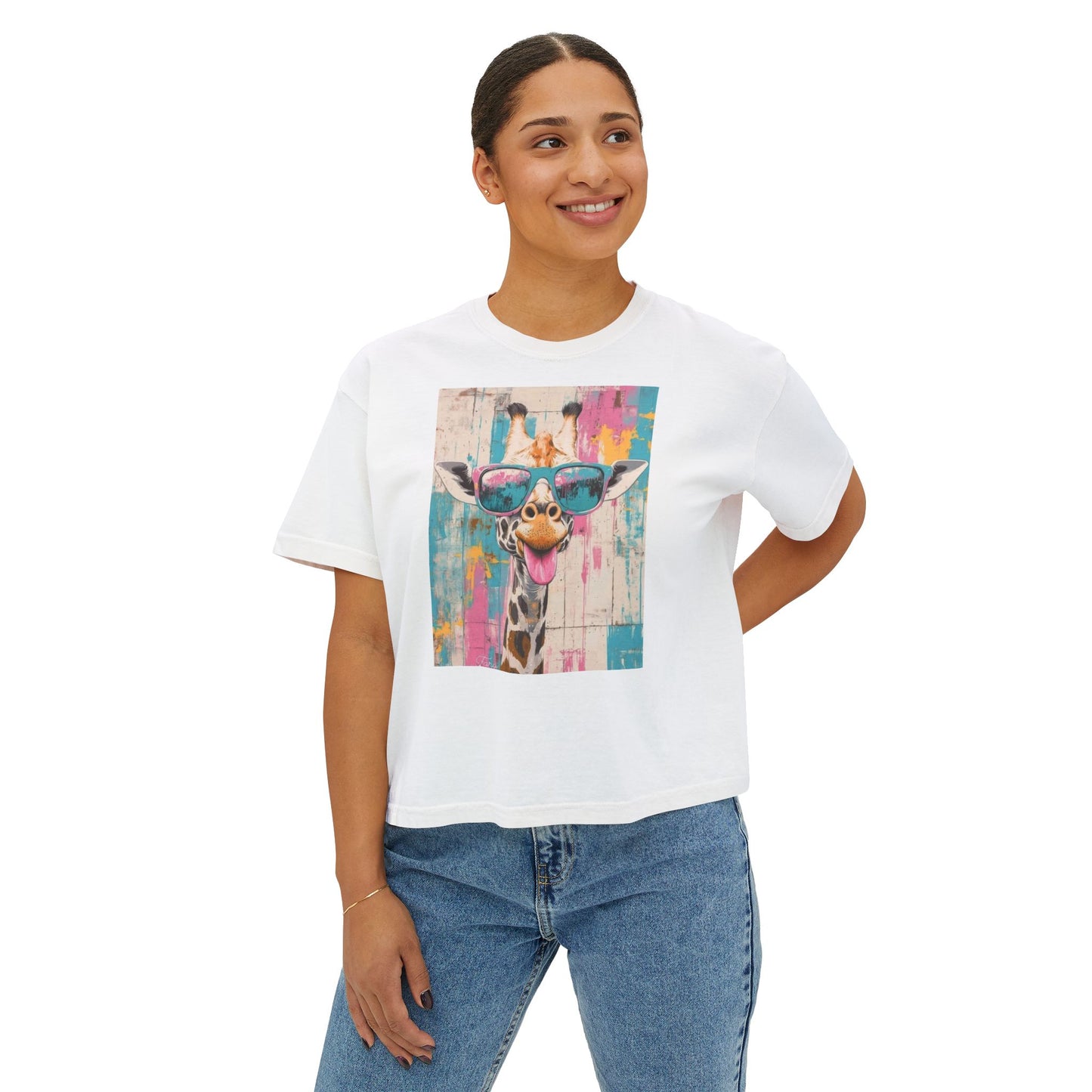 Cool Sunglasses Giraffe Boxy Tee — Colorful Retro Animal Graphic for Women