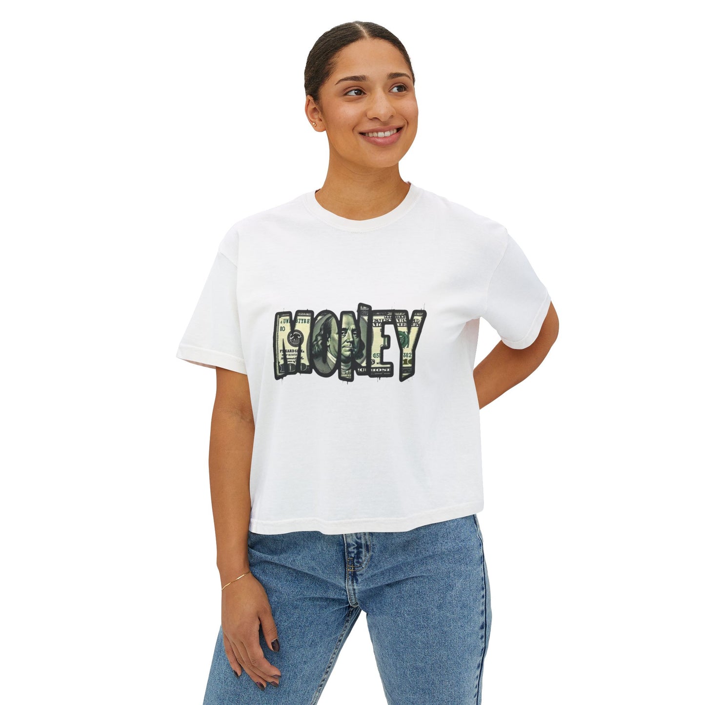 Money Graphic Boxy Tee — Women's Cropped Cash Lettering T‑Shirt