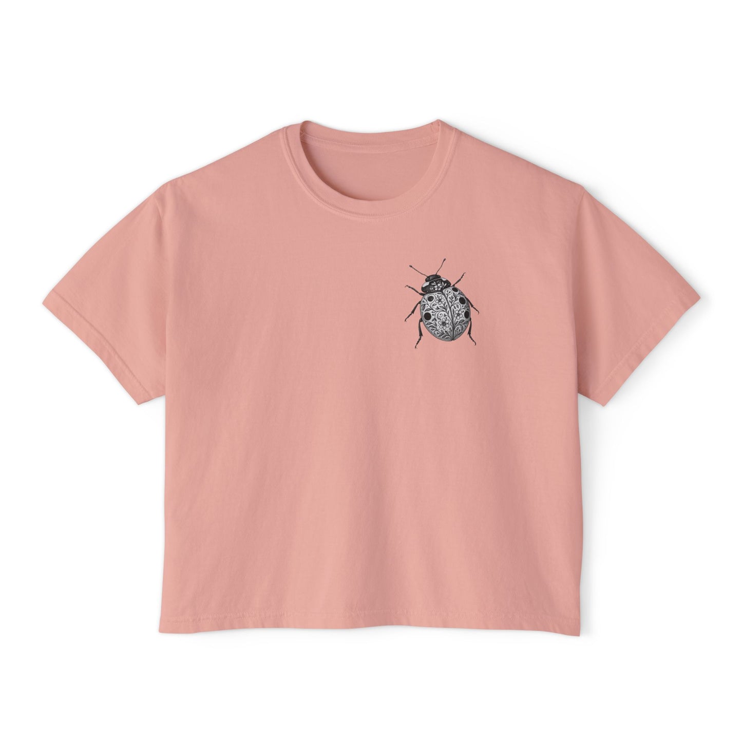 Ladybug Pocket Tee — Women's Boxy Crop T-Shirt with Minimal Bug Illustration