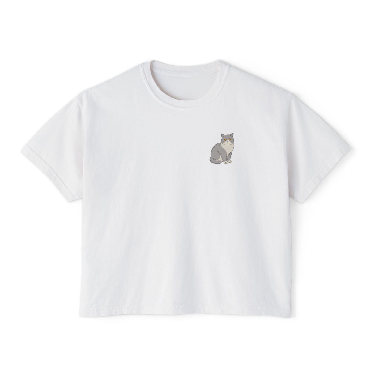 Boxy Tee — Minimal British Shorthair Cat Line Art Chest Graphic, Casual Women's Crop Top