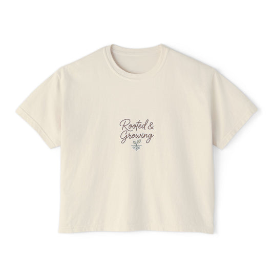 Rooted and Growing boxy tee, close-up of chest graphic