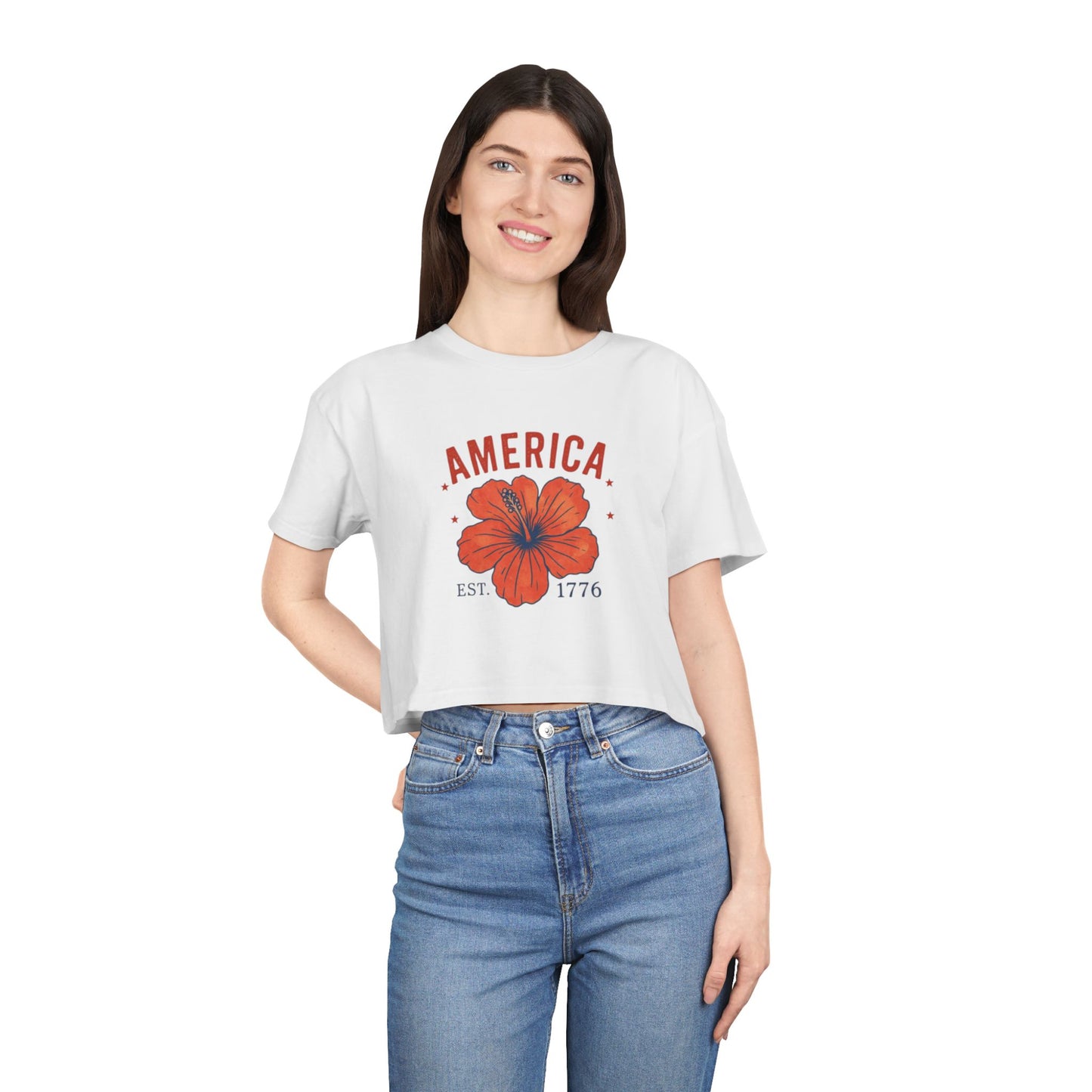 America Hibiscus Crop Tee — Patriotic Floral Women’s Top (Est. 1776)