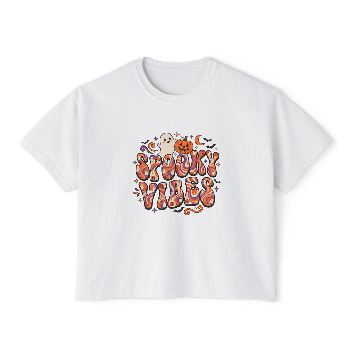 White Spooky Vibes Retro boxy crop tee, flat lay (Color: White)