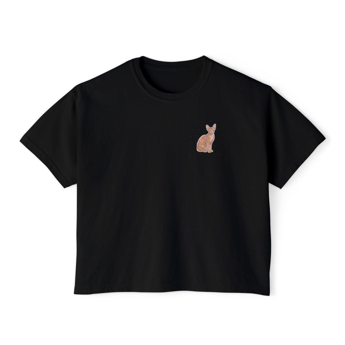 Boxy Tee — Minimal Sphynx Cat Line Art Chest Graphic, Casual Women's Crop Top