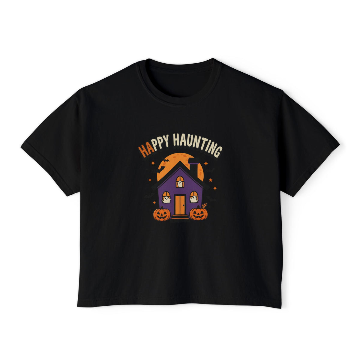 Black Happy Haunting Haunted House boxy crop tee, flat lay (Color: Black)