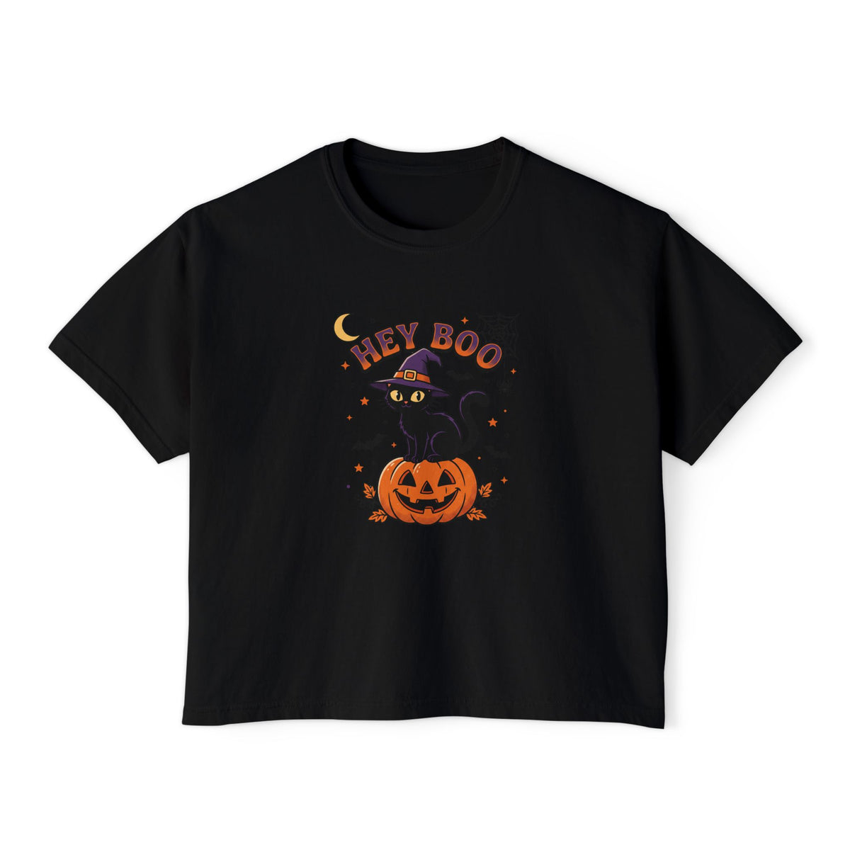 Black Hey Boo Black Cat boxy crop tee, flat lay (Color: Black)