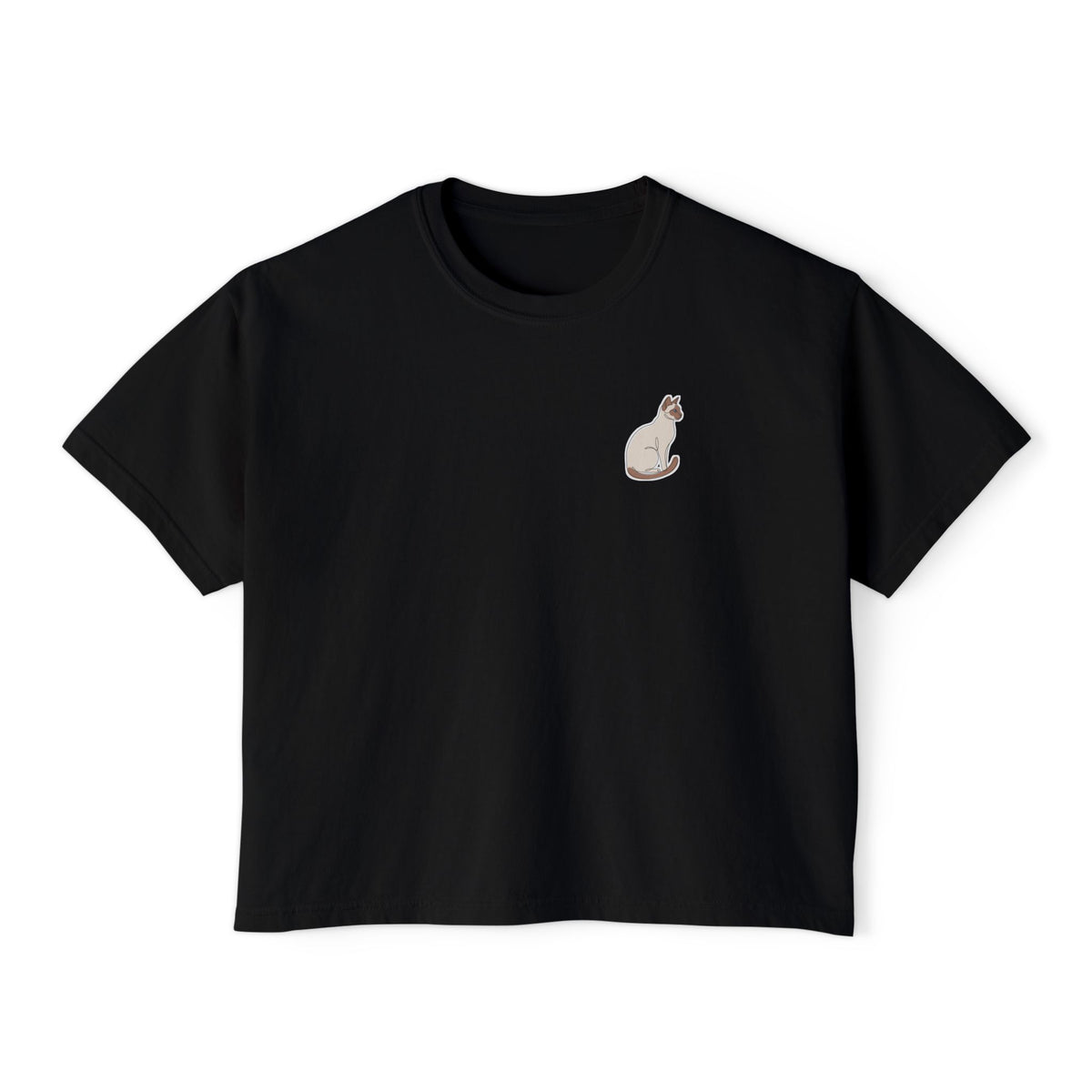 Boxy Tee — Minimal Siamese Cat Line Art Chest Graphic, Casual Women's Crop Top
