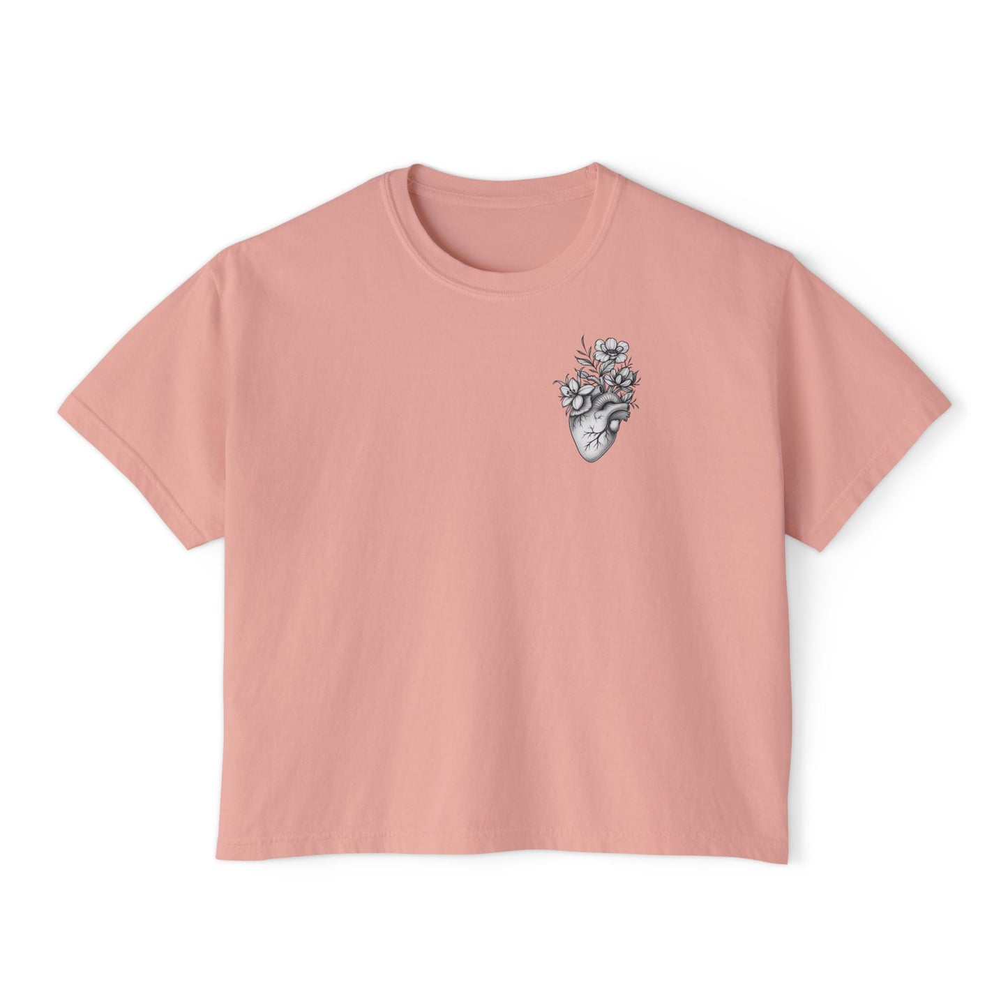 Boxy Tee — Minimal Floral Heart Chest Graphic, Women's Casual Crop T‑Shirt