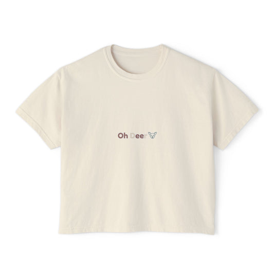 Oh Deer boxy tee, close-up of chest graphic