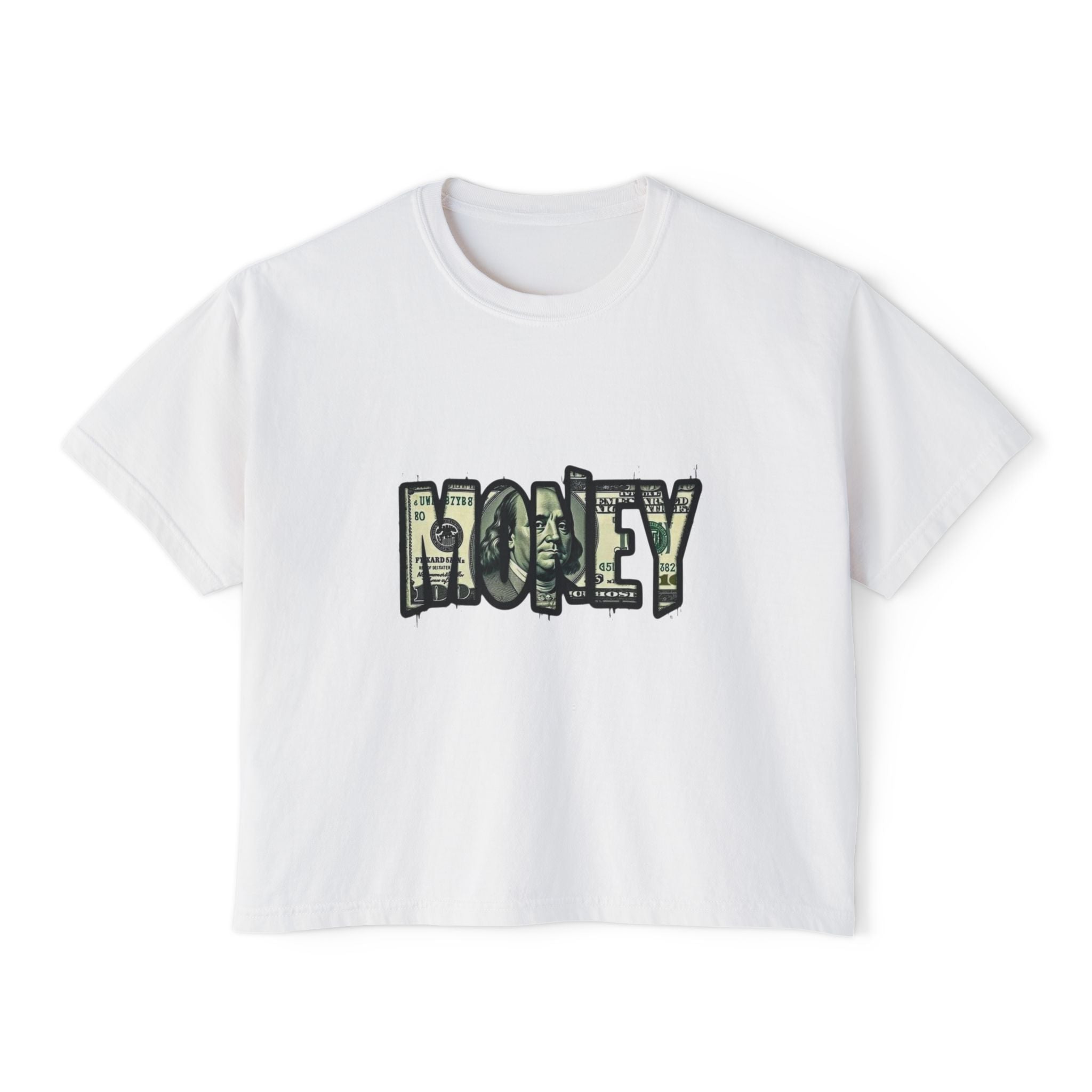 Money Graphic Boxy Tee — Women's Cropped Cash Lettering T‑Shirt