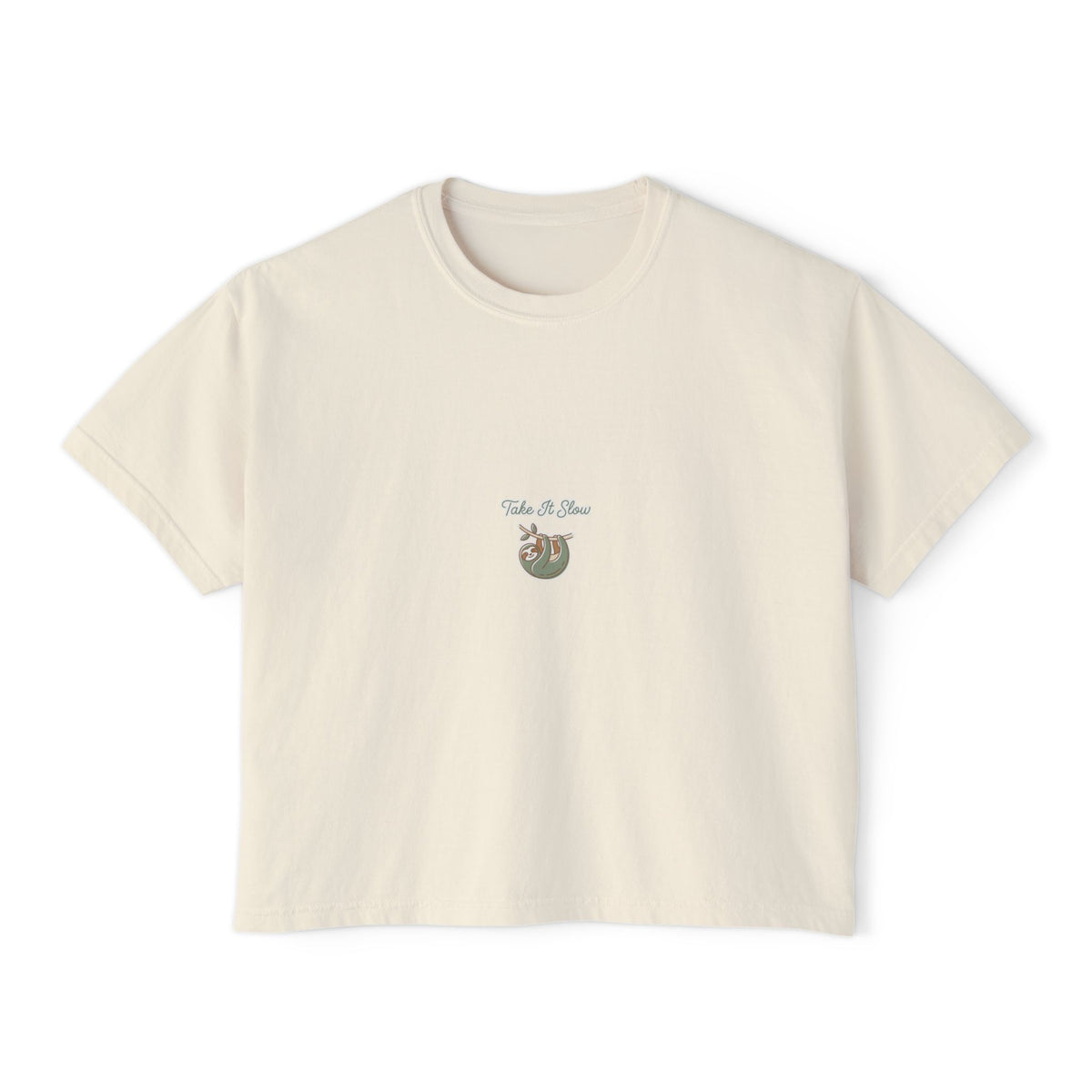 Boxy Tee — Take It Slow Sloth Graphic, Casual Women's Crop Top