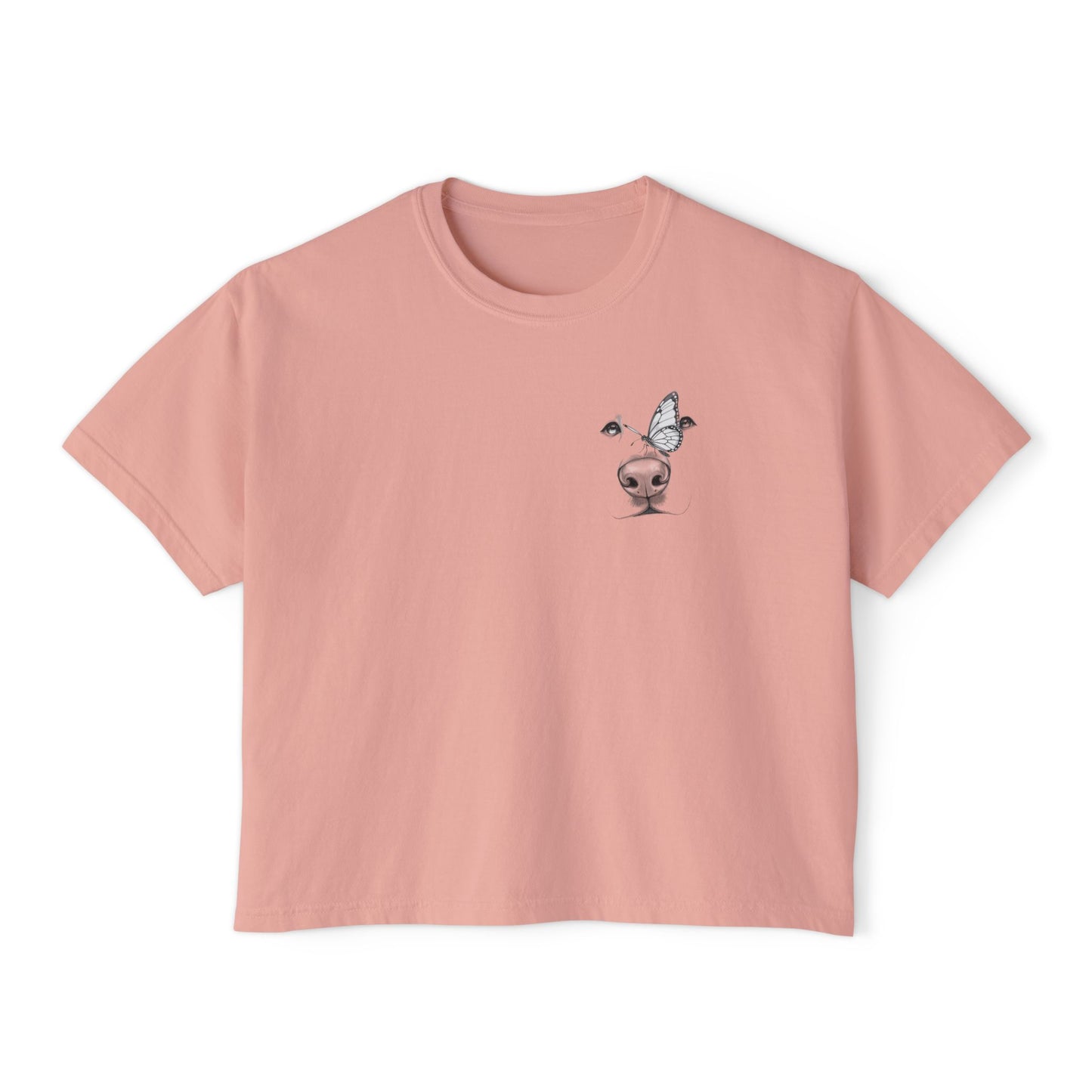 Women's Boxy Tee with Dog & Butterfly Chest Graphic — Edgy Minimalist Crop Top