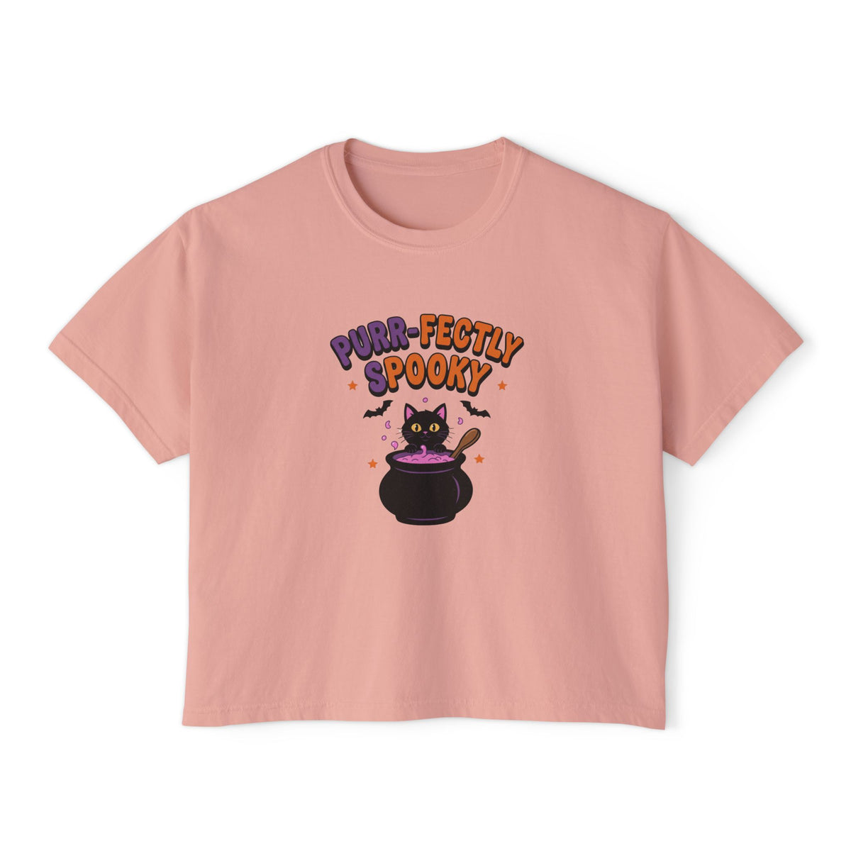 Peachy Purr-fectly Spooky boxy crop tee, flat lay (Color: Peachy)