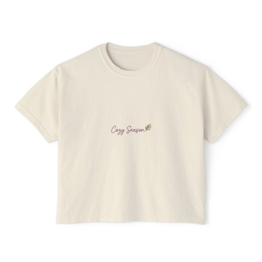Cozy Season boxy tee, close-up of chest graphic