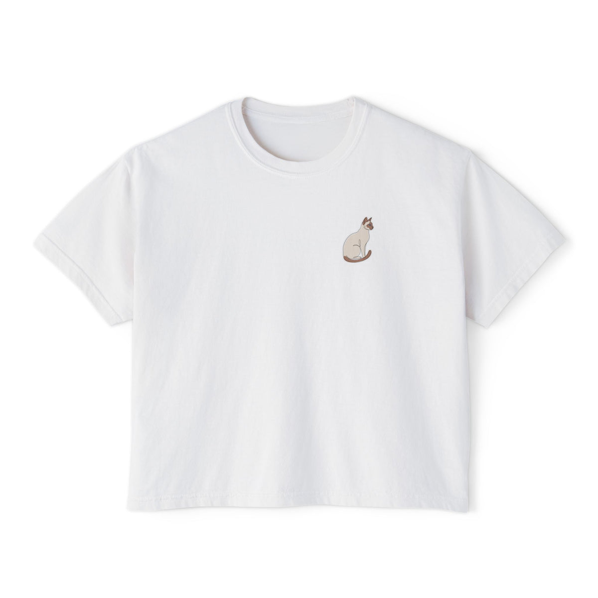 Boxy Tee — Minimal Siamese Cat Line Art Chest Graphic, Casual Women's Crop Top