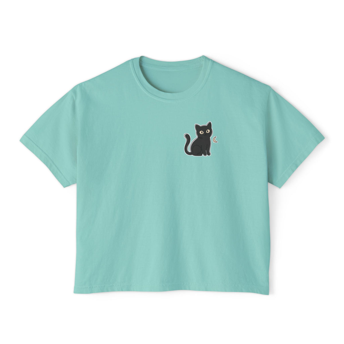 Boxy Tee — Black Cat Graphic, Casual Women's Crop Top