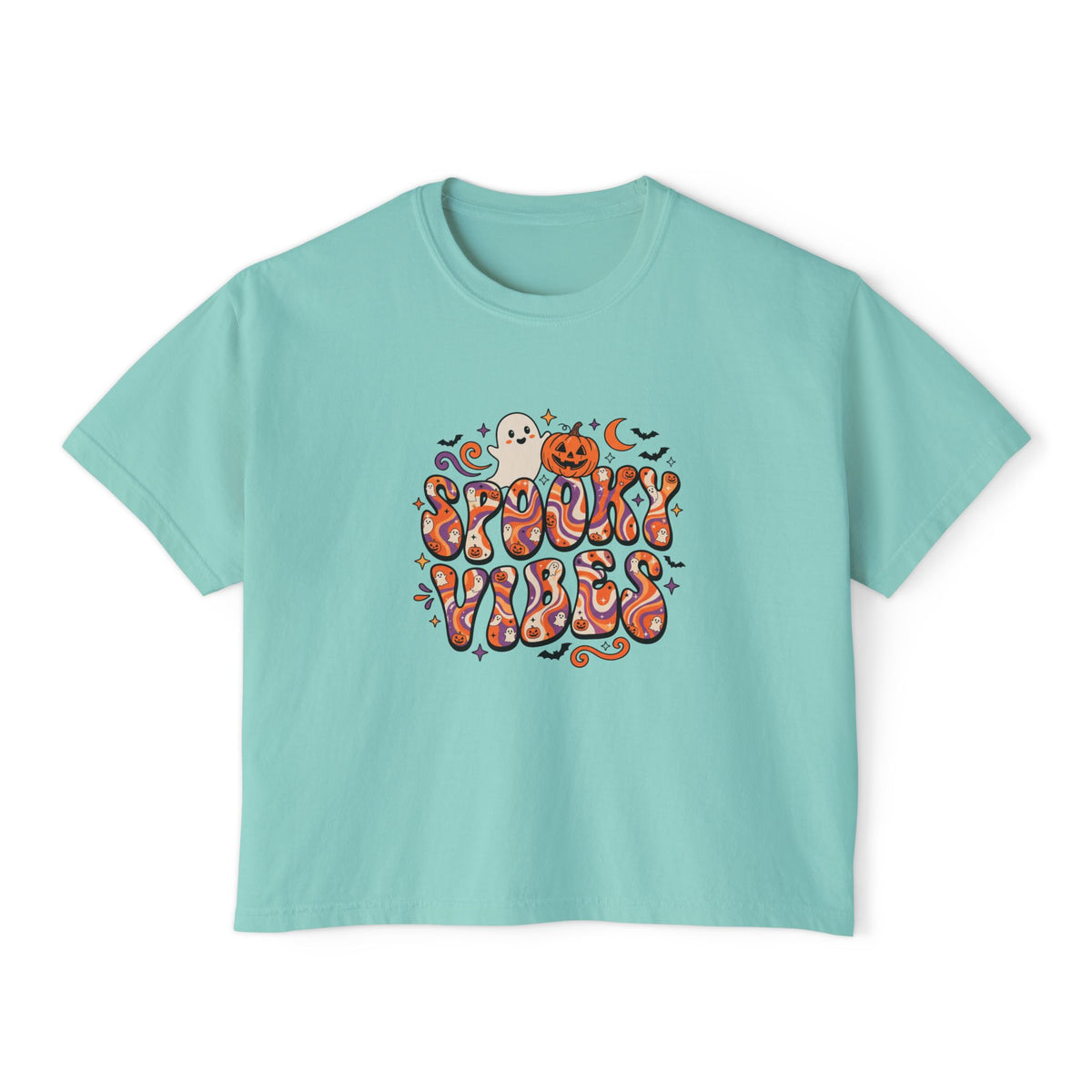 Chalky Mint Spooky Vibes Retro boxy crop tee, flat lay (Color: Chalky Mint)