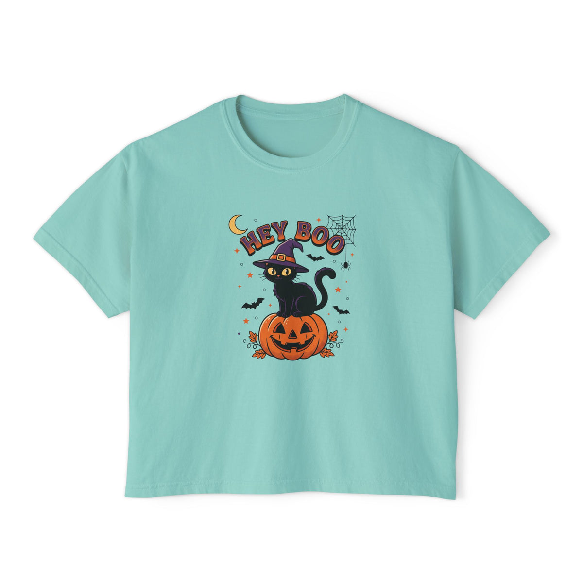 Chalky Mint Hey Boo Black Cat boxy crop tee, flat lay (Color: Chalky Mint)