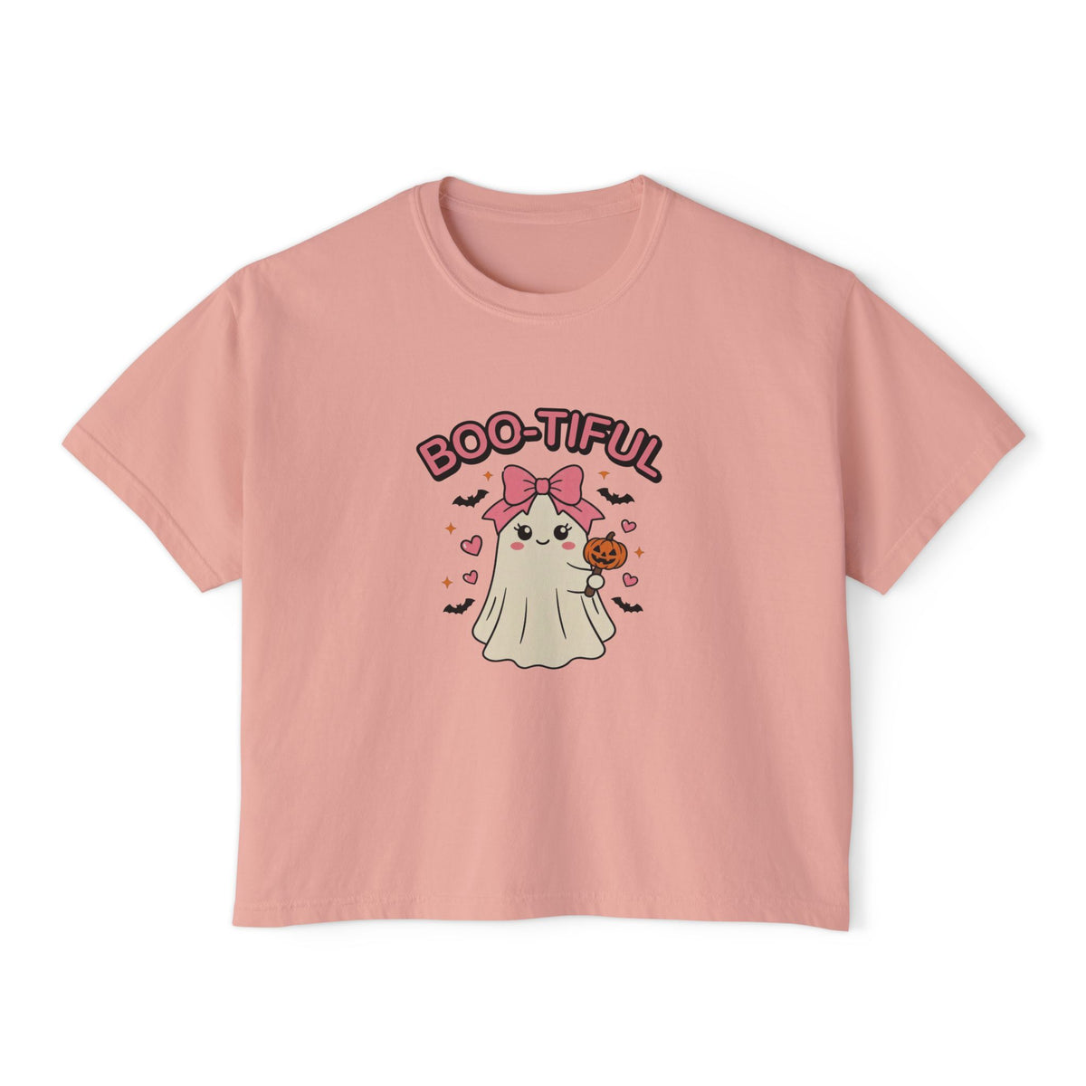 Peachy Boo-tiful Ghost boxy crop tee, flat lay (Color: Peachy)