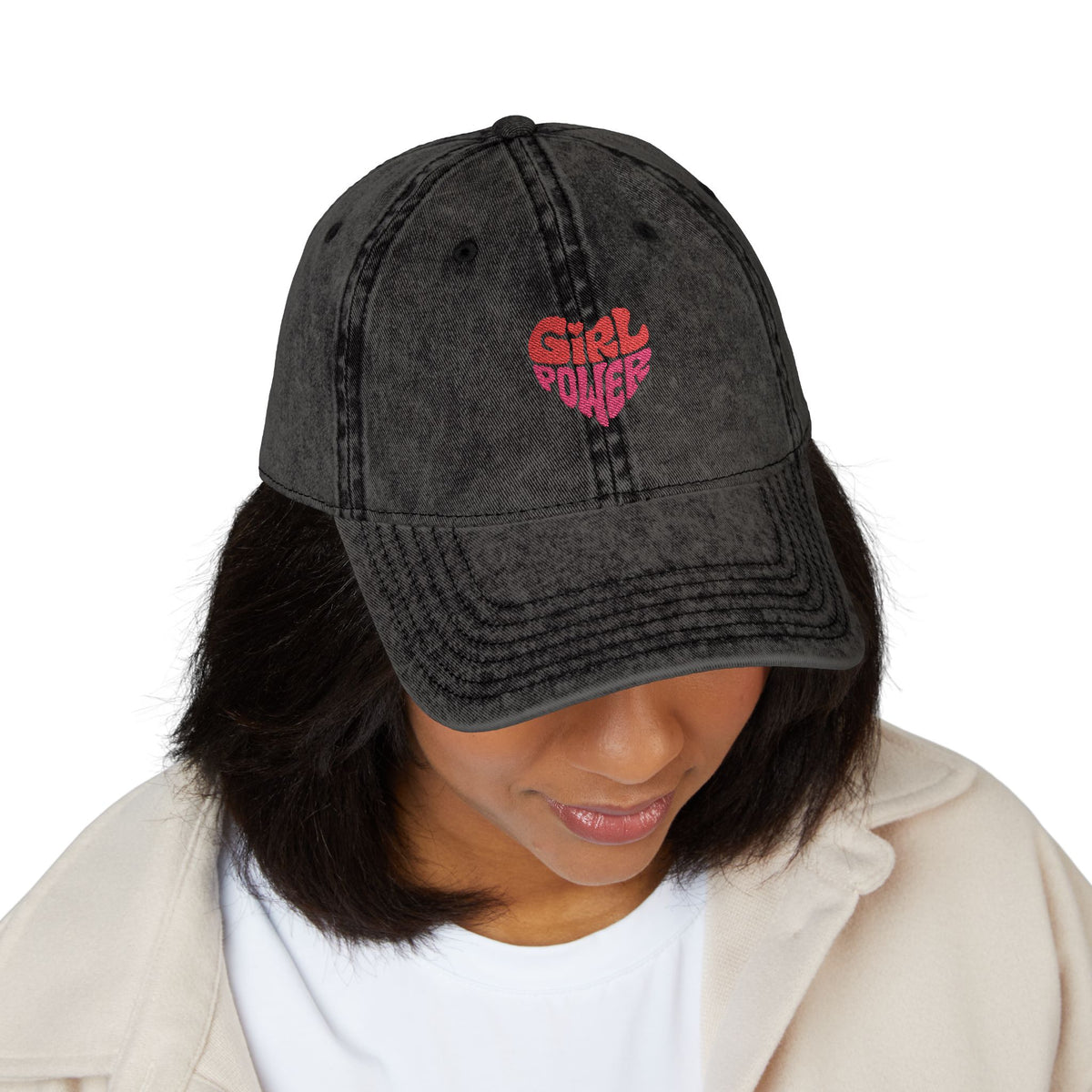 Vintage Embroidered Cap — Pink 'Girl Power' Heart