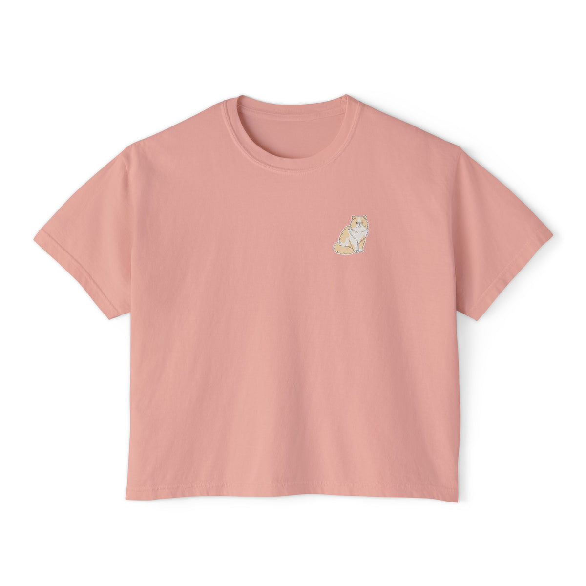 Boxy Tee — Minimal Persian Cat Line Art Chest Graphic, Casual Women's Crop Top