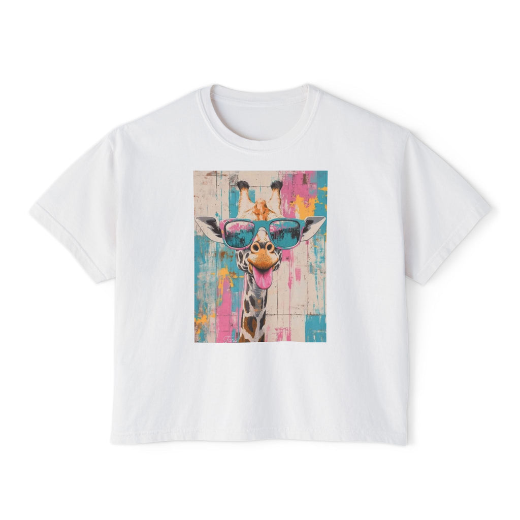 Cool Sunglasses Giraffe Boxy Tee — Colorful Retro Animal Graphic for Women