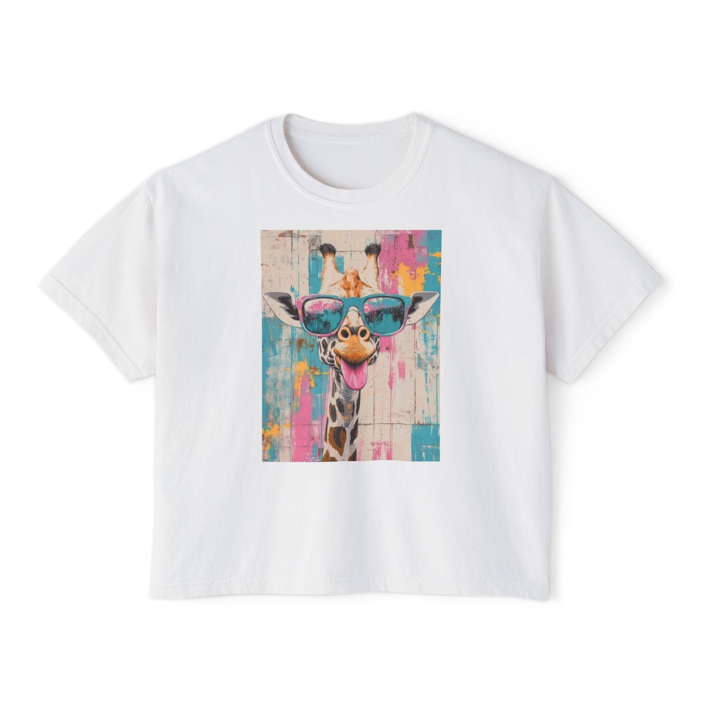 Cool Sunglasses Giraffe Boxy Tee — Colorful Retro Animal Graphic for Women