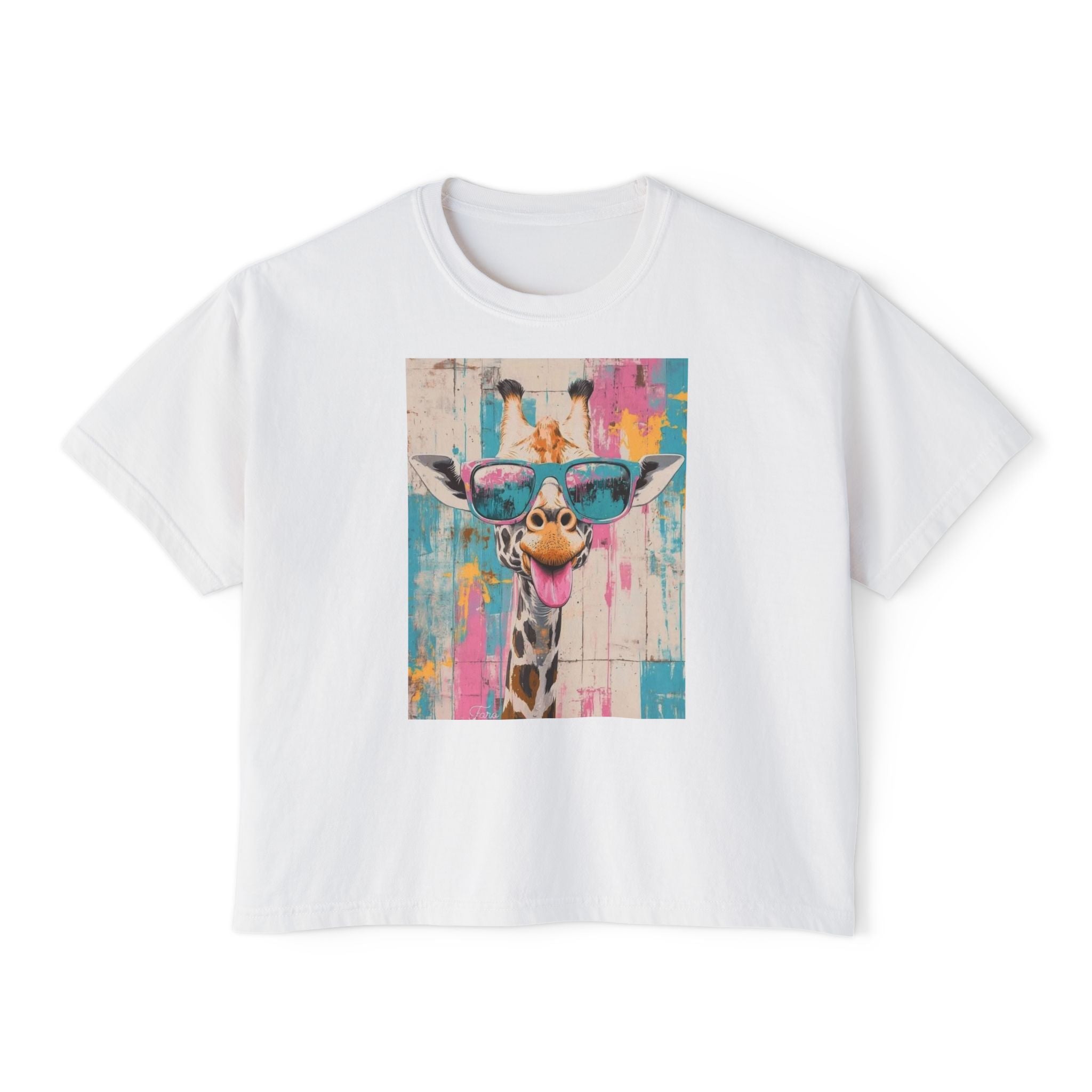 Cool Sunglasses Giraffe Boxy Tee — Colorful Retro Animal Graphic for Women