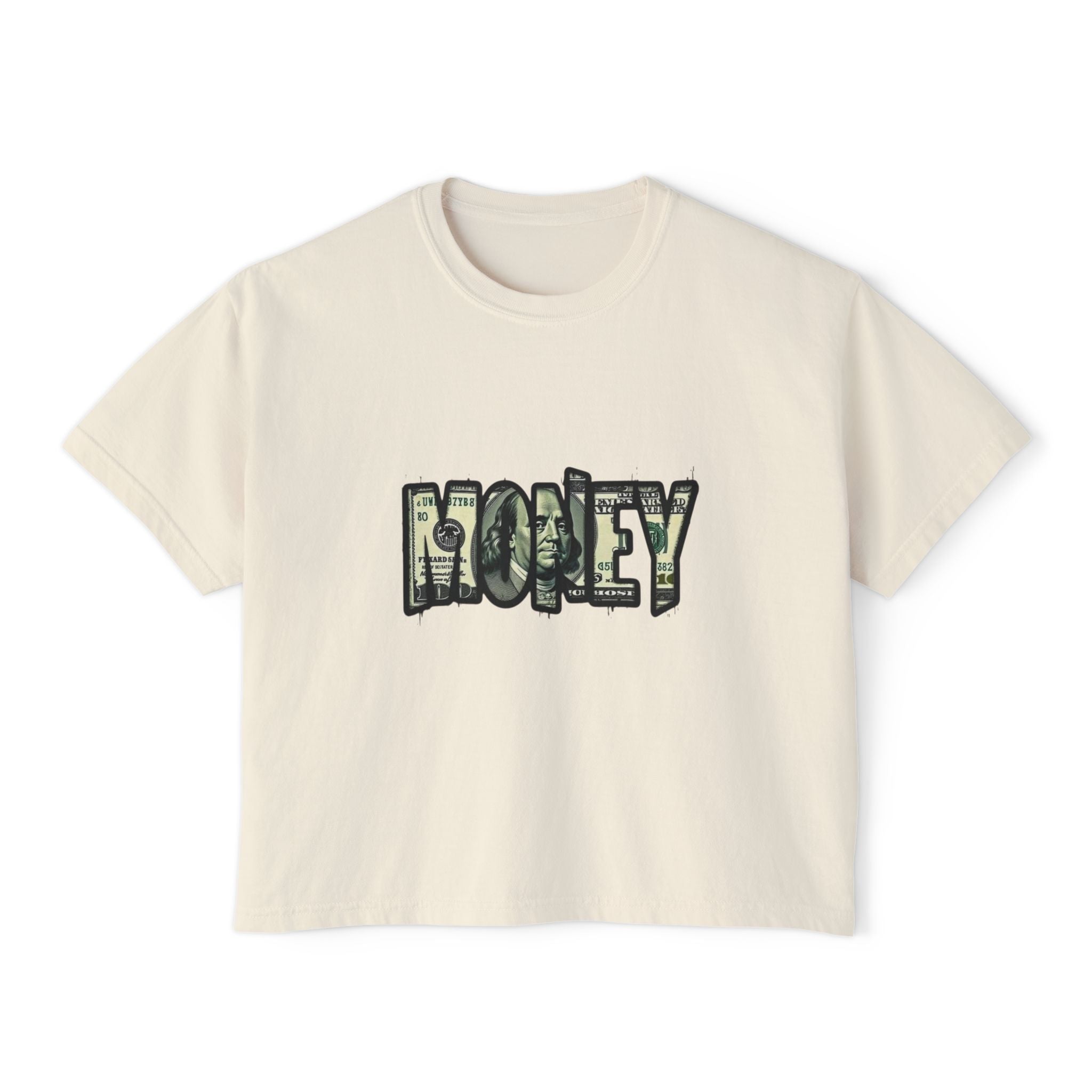 Money Graphic Boxy Tee — Women's Cash Dollar Lettering Crop T‑Shirt