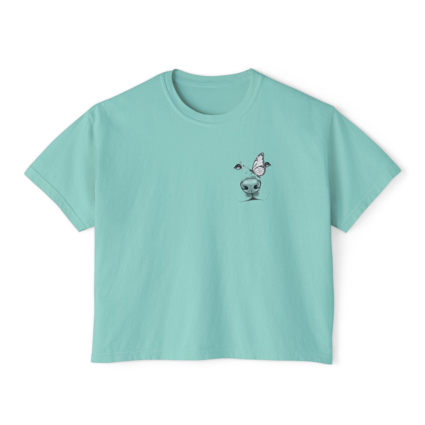 Women's Boxy Tee with Dog & Butterfly Chest Graphic — Edgy Minimalist Crop Top