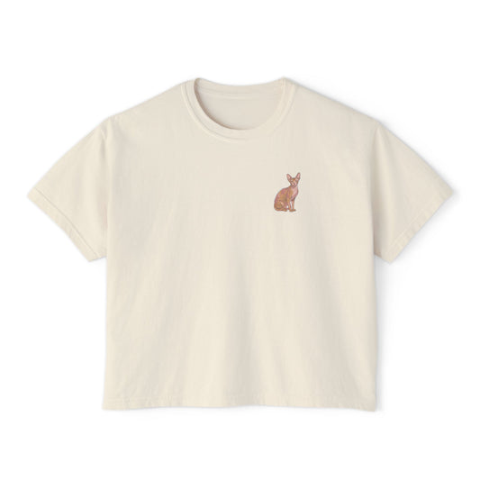 Sphynx cat boxy tee, close-up of chest graphic