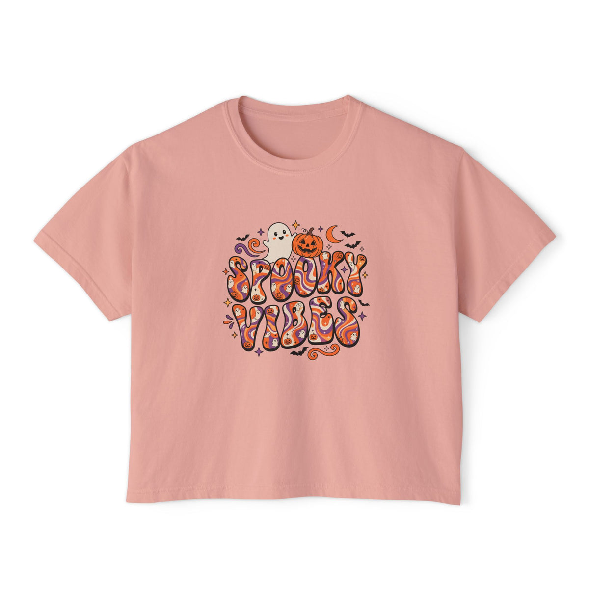 Peachy Spooky Vibes Retro boxy crop tee, flat lay (Color: Peachy)
