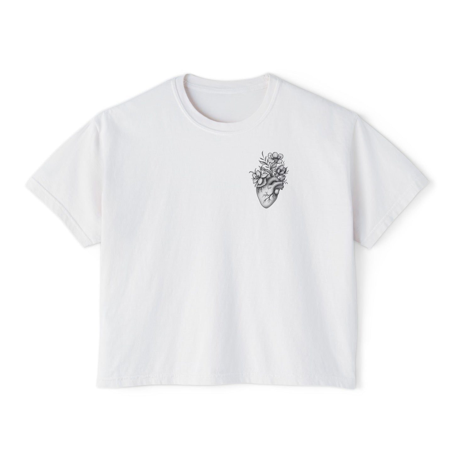 Boxy Tee — Minimal Floral Heart Chest Graphic, Women's Casual Crop T‑Shirt