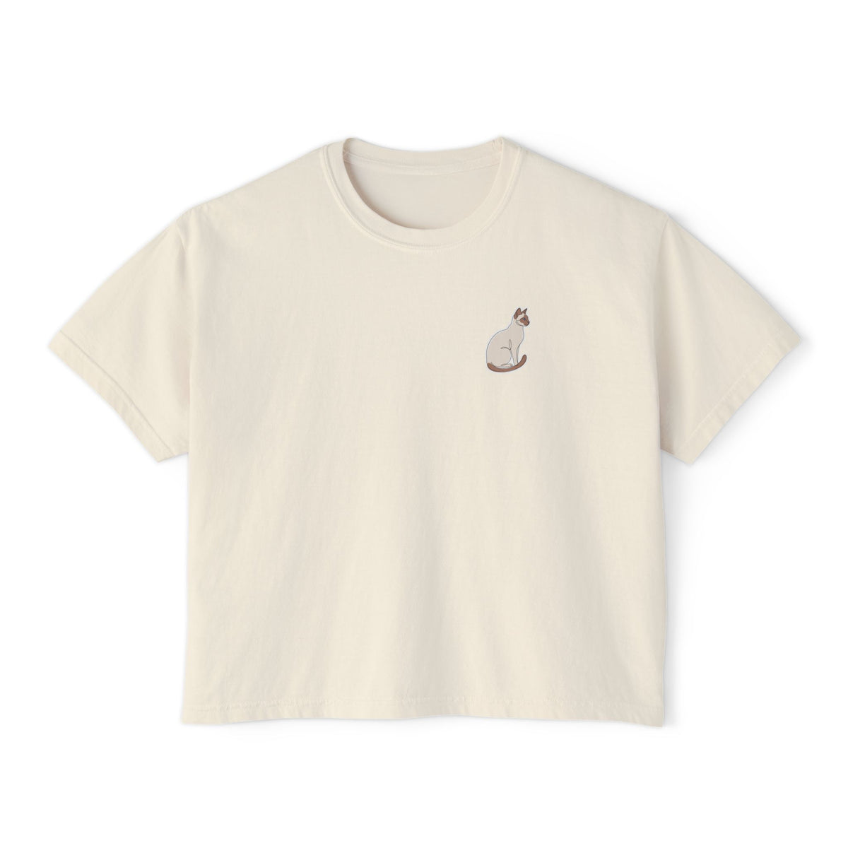 Boxy Tee — Minimal Siamese Cat Line Art Chest Graphic, Casual Women's Crop Top