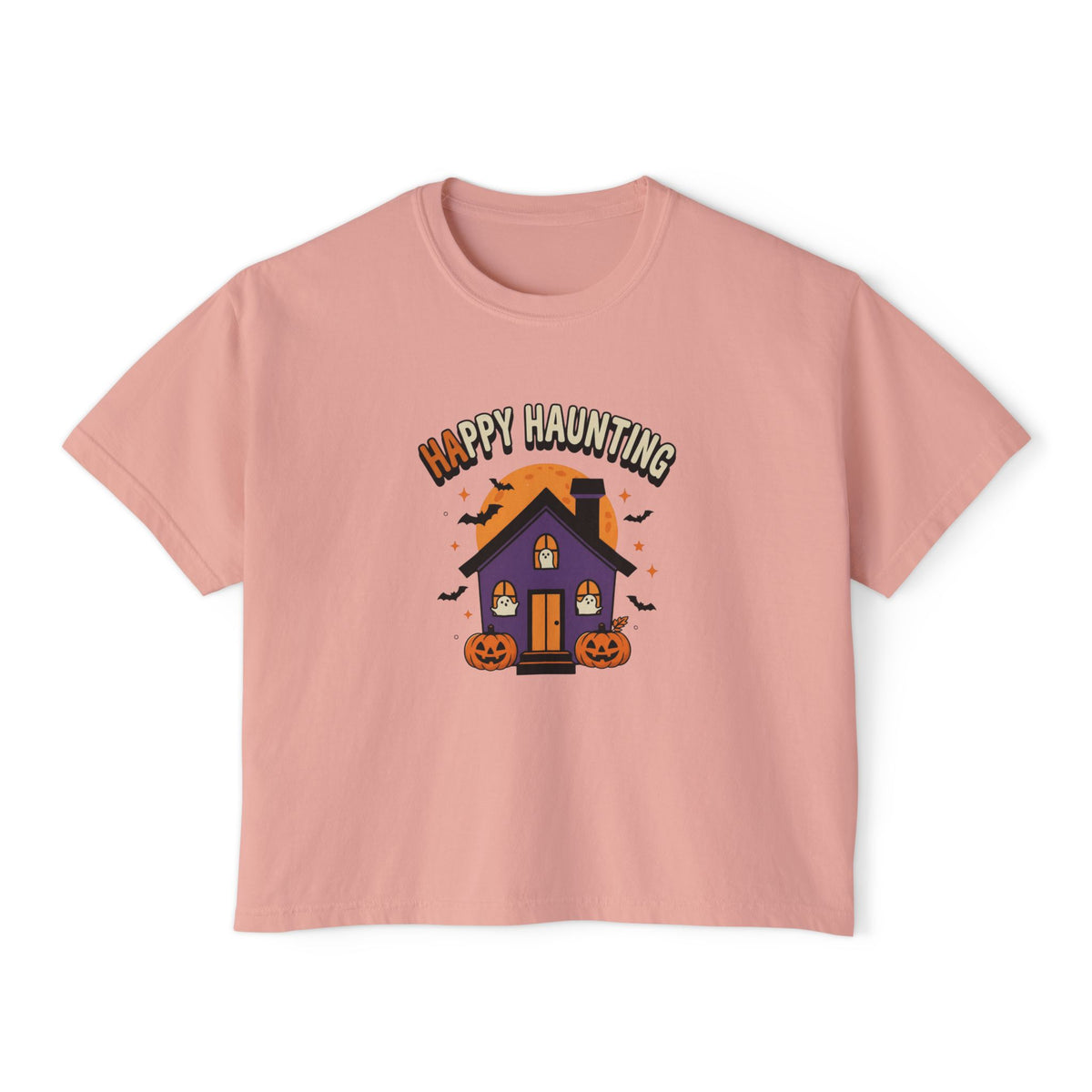 Peachy Happy Haunting Haunted House boxy crop tee, flat lay (Color: Peachy)