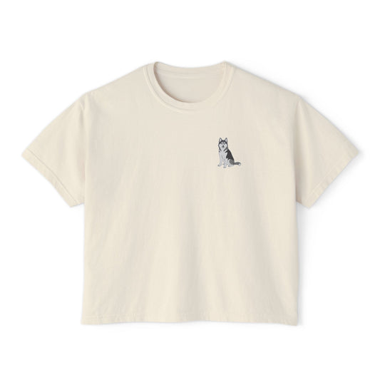 Husky boxy tee, close-up of chest graphic