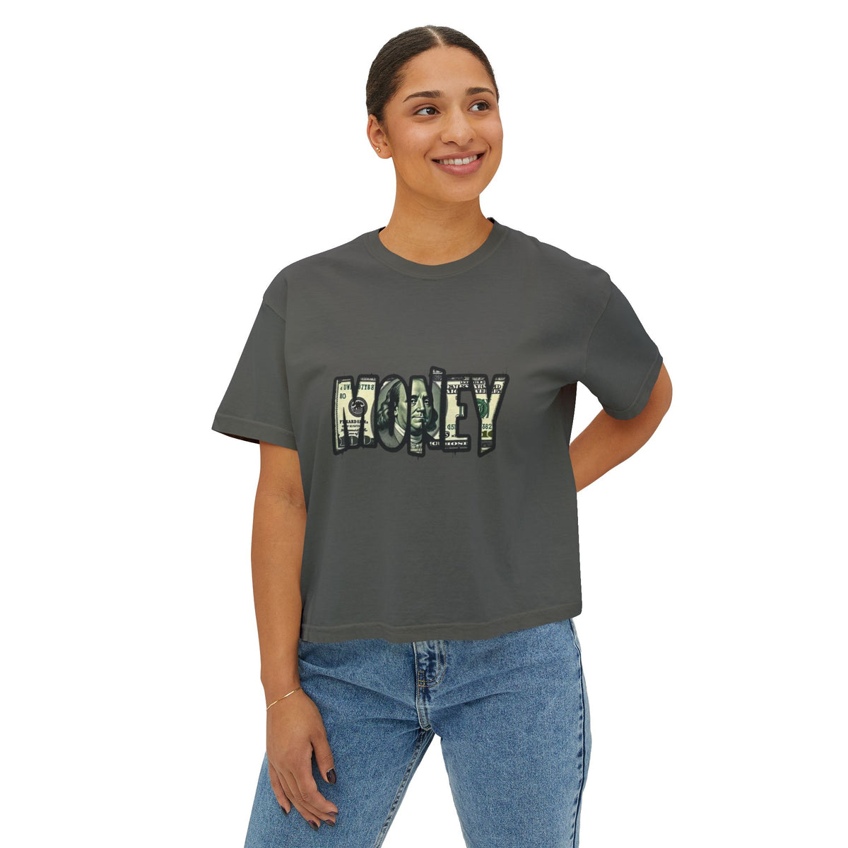 Money Graphic Tee — Women's Boxy T‑Shirt with Dollar Bill Text Design