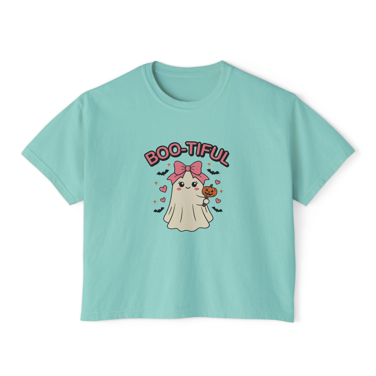 Chalky Mint Boo-tiful Ghost boxy crop tee, flat lay (Color: Chalky Mint)