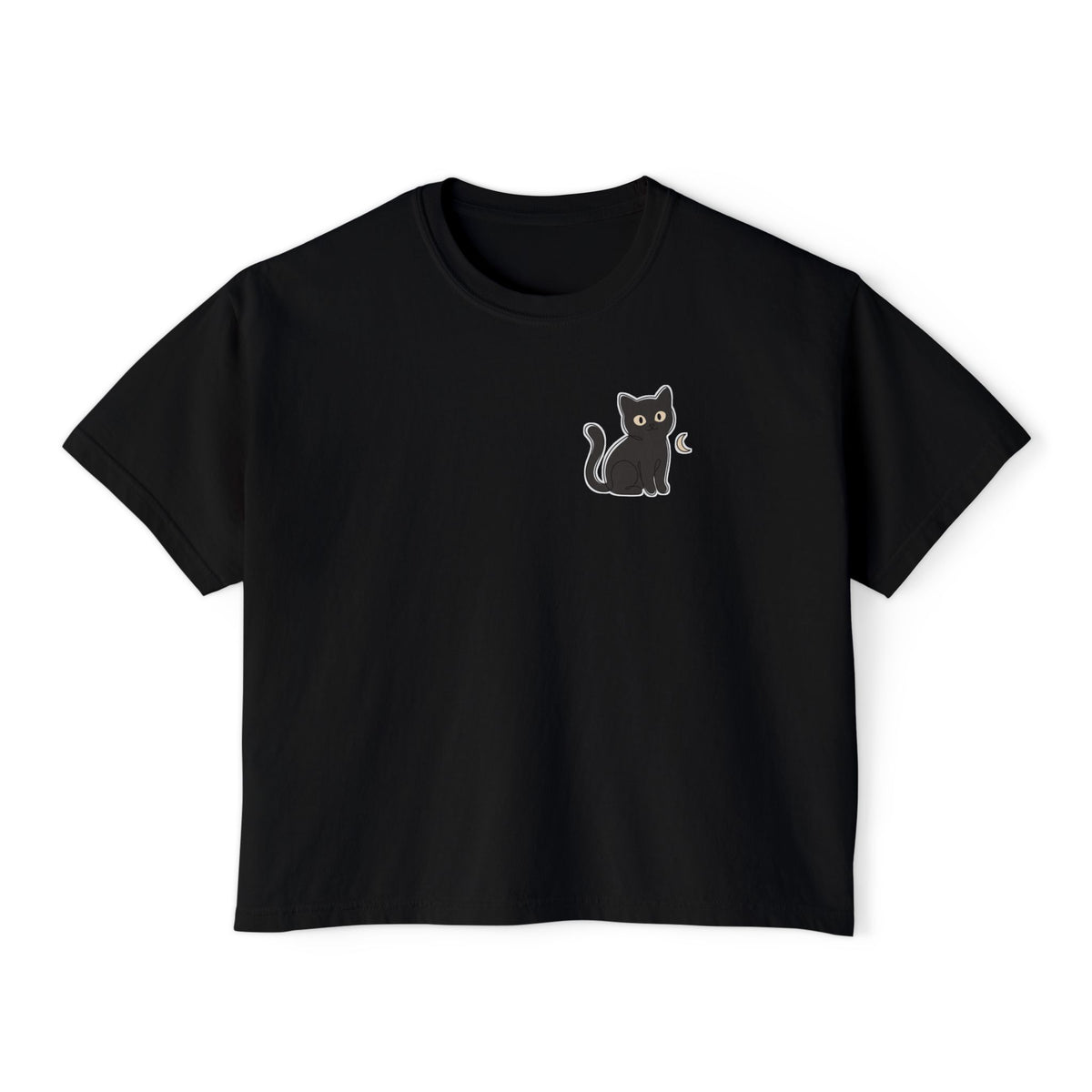 Boxy Tee — Black Cat Graphic, Casual Women's Crop Top