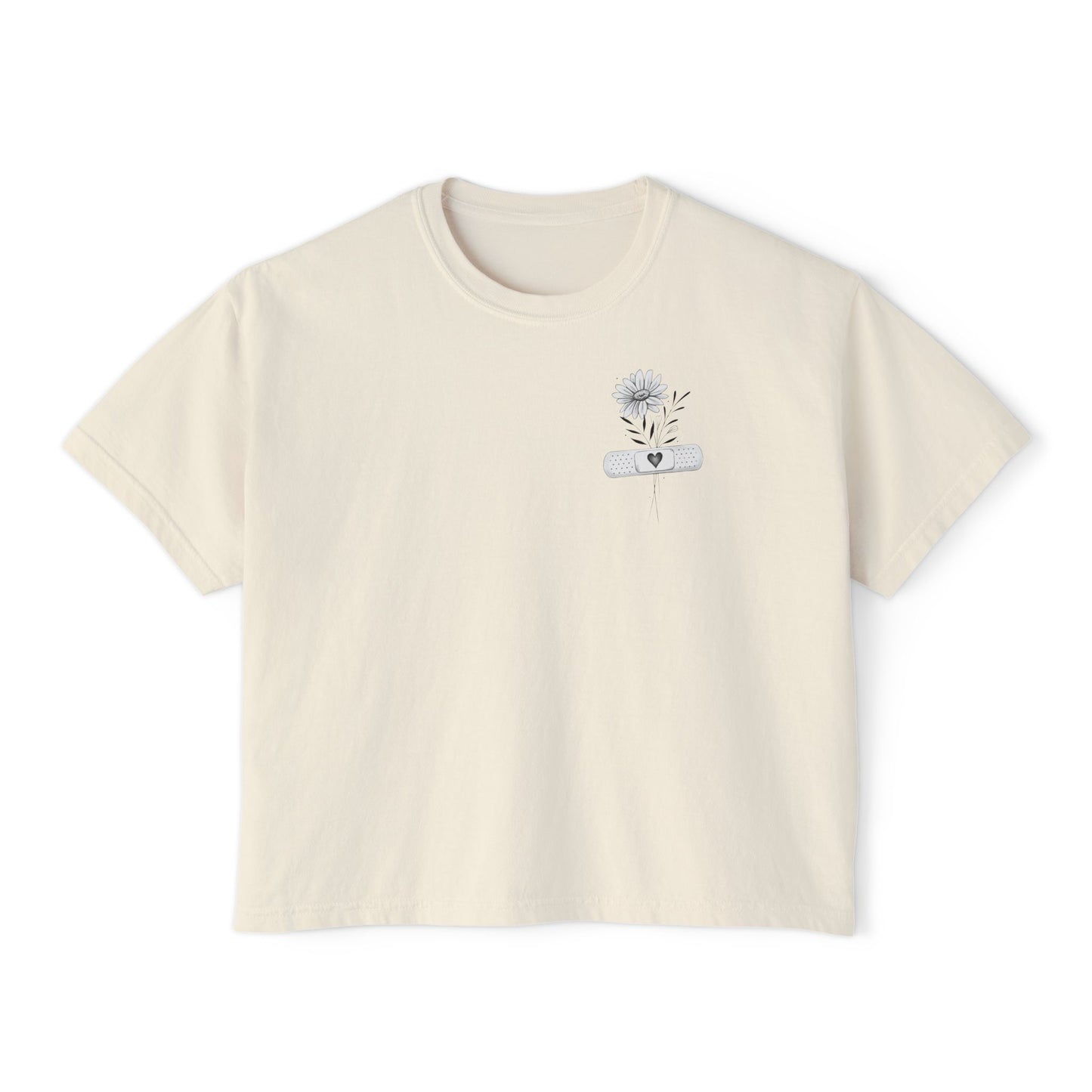 Minimalist Botanical Boxy Tee — Tiny Flower Sketch Chest Print